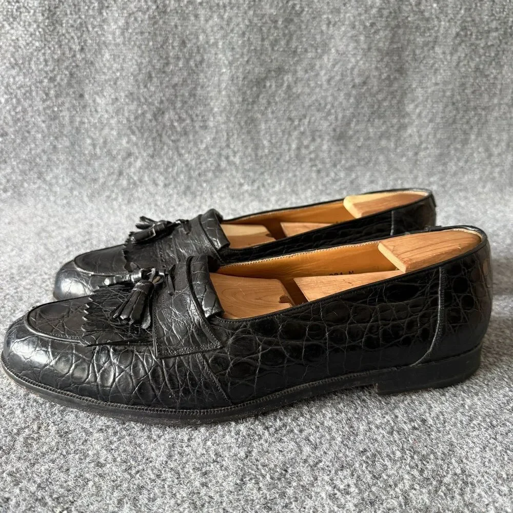 $900 Mezlan Full Genuine CROCODILE ALLIGATOR Shoes Tassel Loafers 11.5 M Black